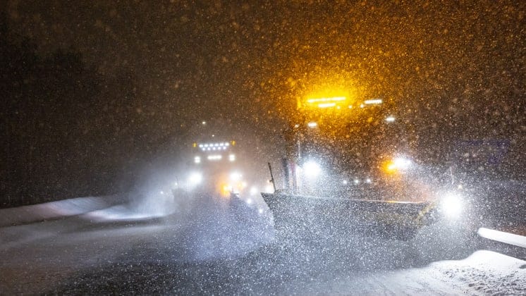 Snow-covered road maintained by Svevia.