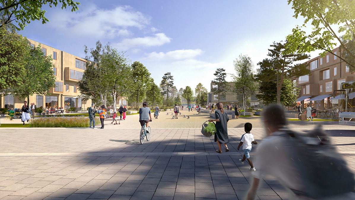 Illustration av blivande Sjötorget på Tomtebo strand i Umeå. White arkitekter