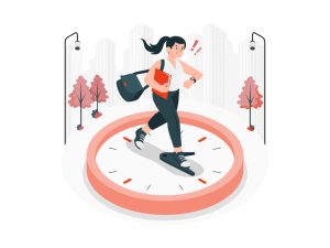 Girl standing on a clock looks at her watch