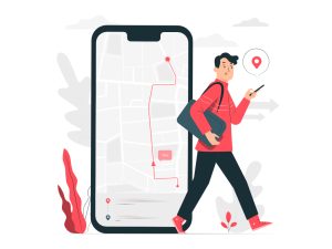 A man looks at his phone. An oversized phone is in the background displaying a map.