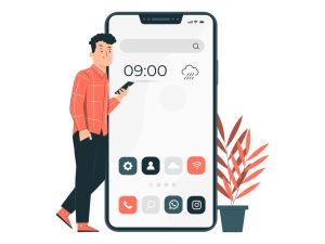 A man stands next to an oversized phone.