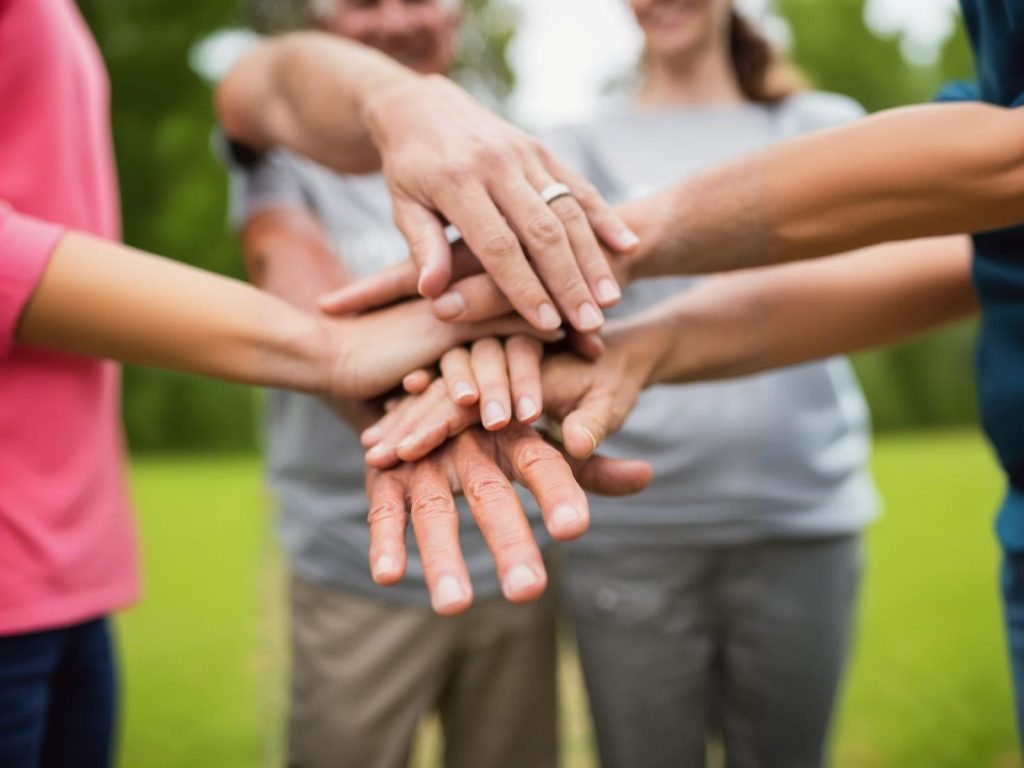 An image of people overlaying hands in solidarity