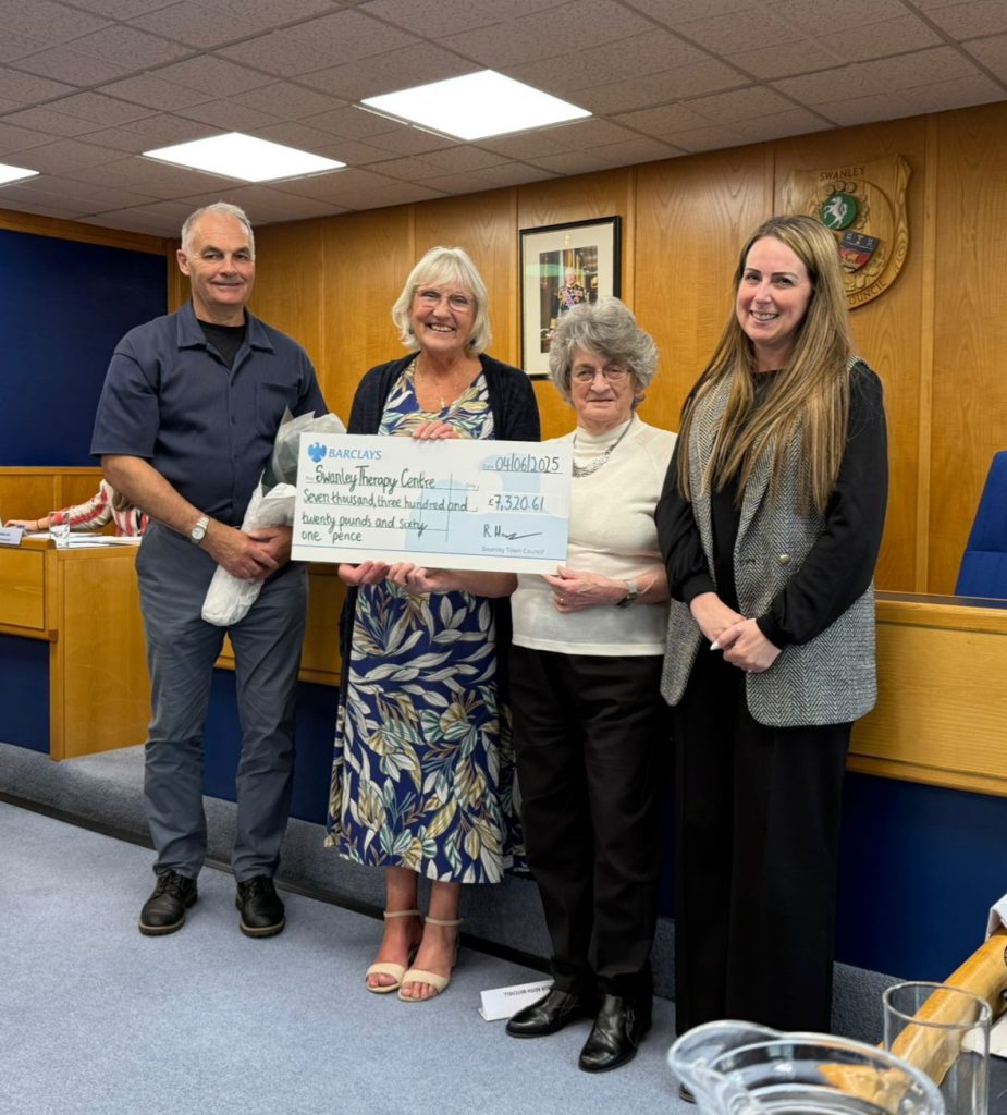 Left to right: Paul Dunn (Chair of Trustees), Lady Barbara Ramsey (Patron), outgoing Swanley Mayor Rita Wood, and Lindsey Johnson (Centre Manager) at the cheque presentation
