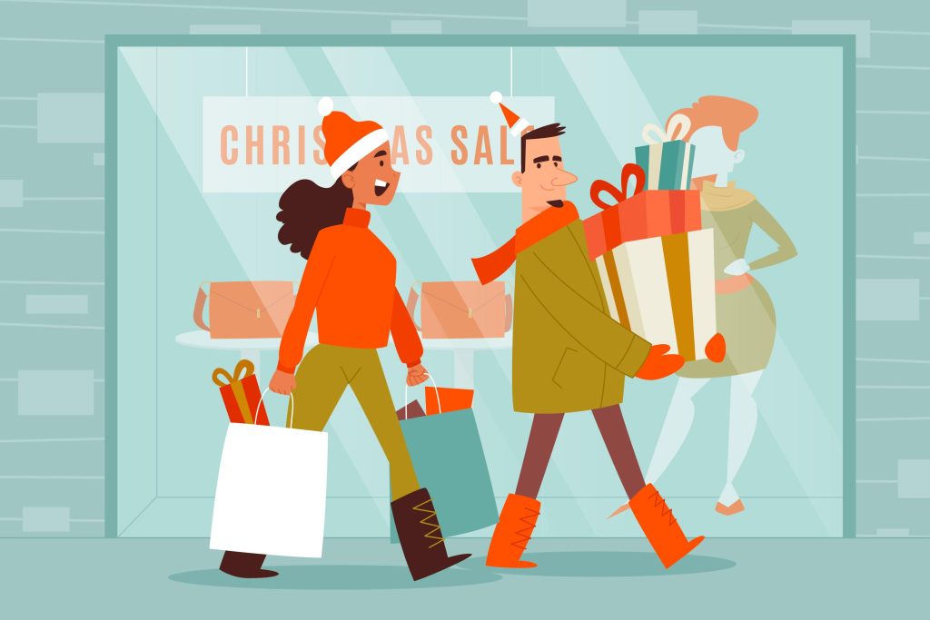 Two cartoon characters holding presents in front of a shop displaying a Christmas Sale sign
