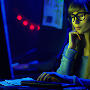 Vintage 90\'s anime style, A nerdy europian girl is programming at a computer in a room full of gadgets, dramatic lighting,