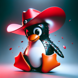 Linux penguin waving a red cowboy hat