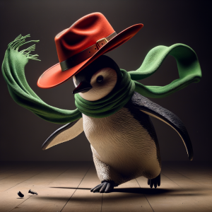 Penguin wearing a green scarf throwing a red cowboy hat on the floor