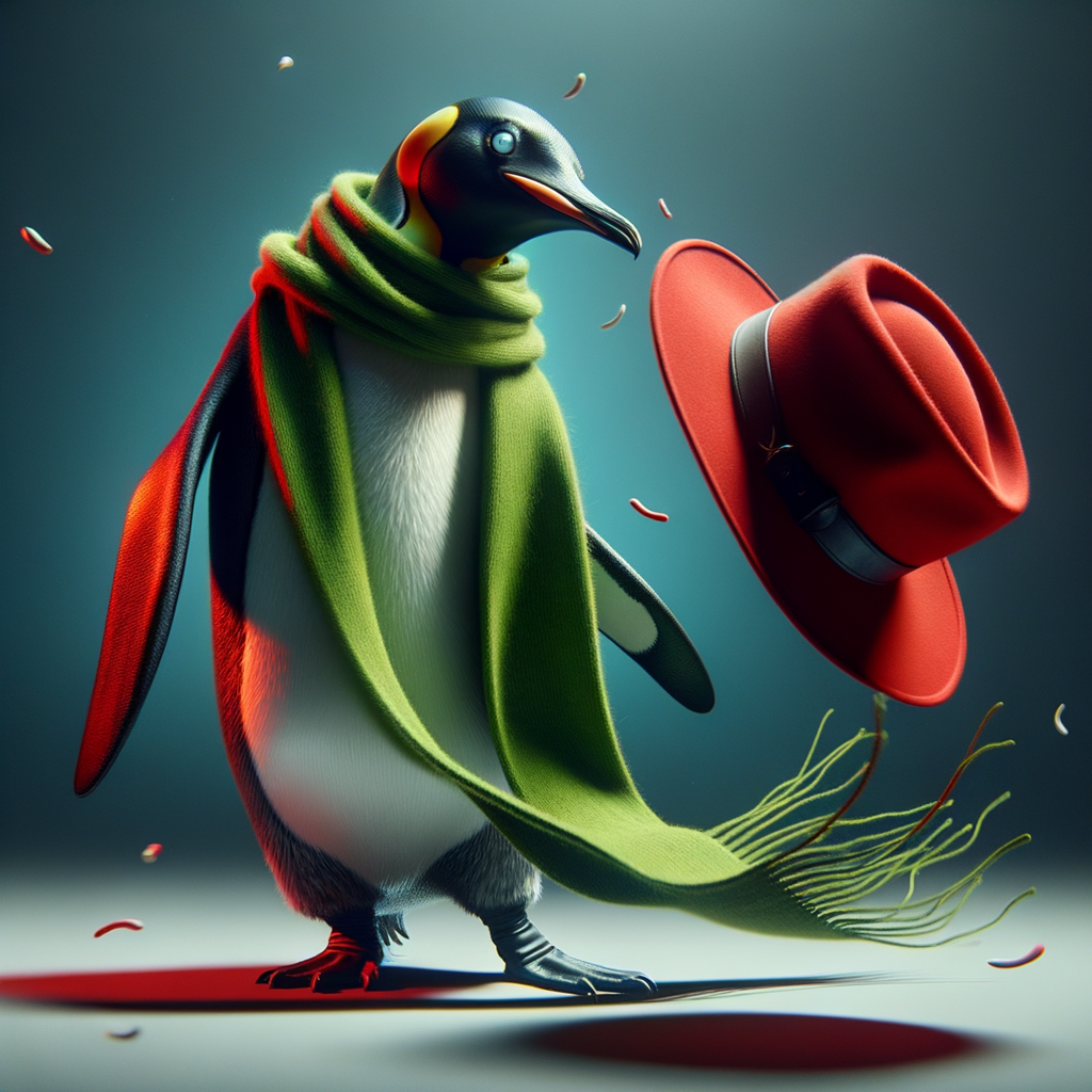 Penguin wearing a green scarf throwing a red cowboy hat on the floor