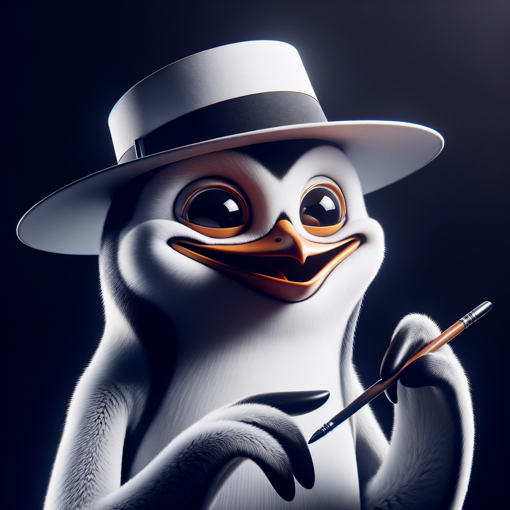 Generate an image of a White Hat penguin with a big smile writing a strategy