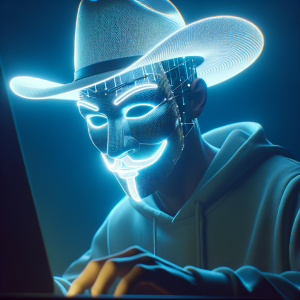 Ethical hacker with a mr robot mask and a white glowing cowboy hat solving an exploit