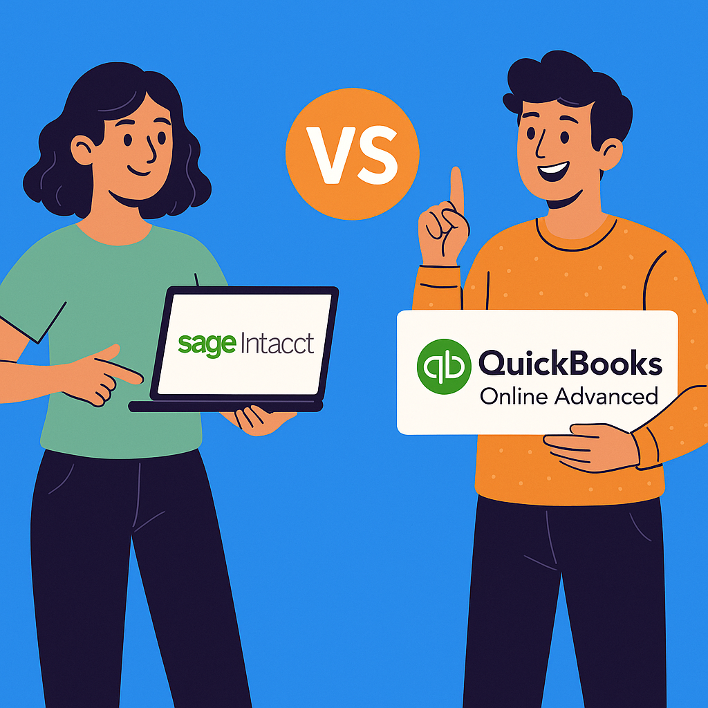 Playful modern illustration comparing Sage Intacct and QuickBooks Online Advanced side by side, highlighting features for SMEs.