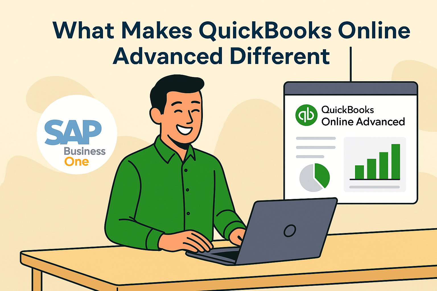 Illustration showing a smiling business owner at a laptop comparing SAP Business One and QuickBooks Online Advanced dashboards.