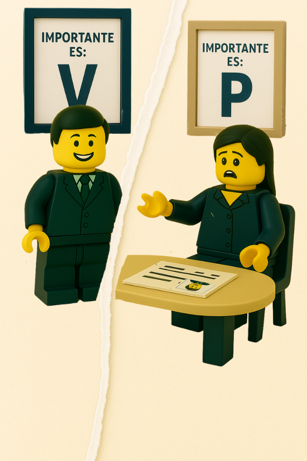 Fotografía rasgada por la mitad, Dos figuras LEGO separadas por la línea de rasgado: una en oficina con teléfono y otra en cocina con expresión de frustración