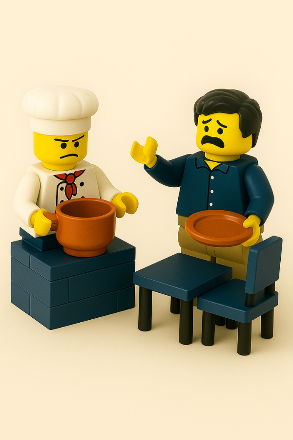 Falta de coordinación entre cocina y sala representada con figuras LEGO®. Escena simbólica de Lego Serious Play que ilustra un problema común en hostelería resuelto con estrategias de equipo de S&M HostelGestión.