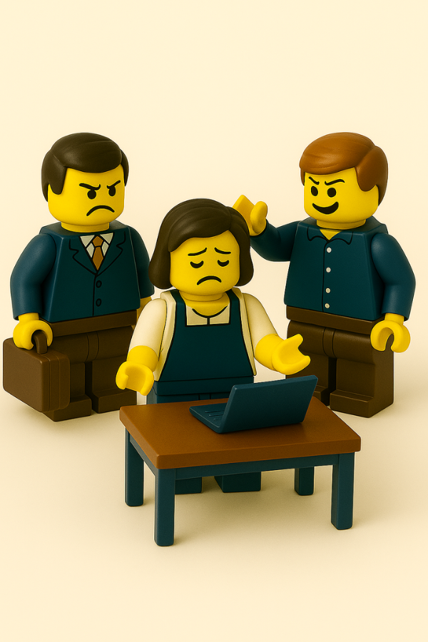 Escena con figuras LEGO® hechas mediante dinámicas Lego Serious play que representa la rotación de personal y la desmotivación en equipos de hostelería. Imagen simbólica del enfoque humano y motivacional de Sym HostelGestión.