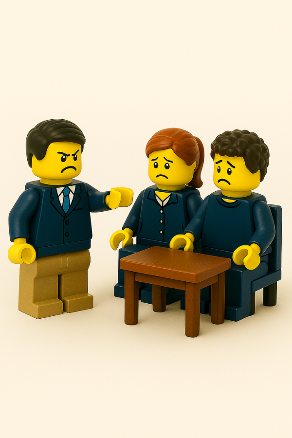 Figura de líder autoritario frente a empleados preocupados en entorno LEGO Serios Play, representación de mal liderazgo en hostelería