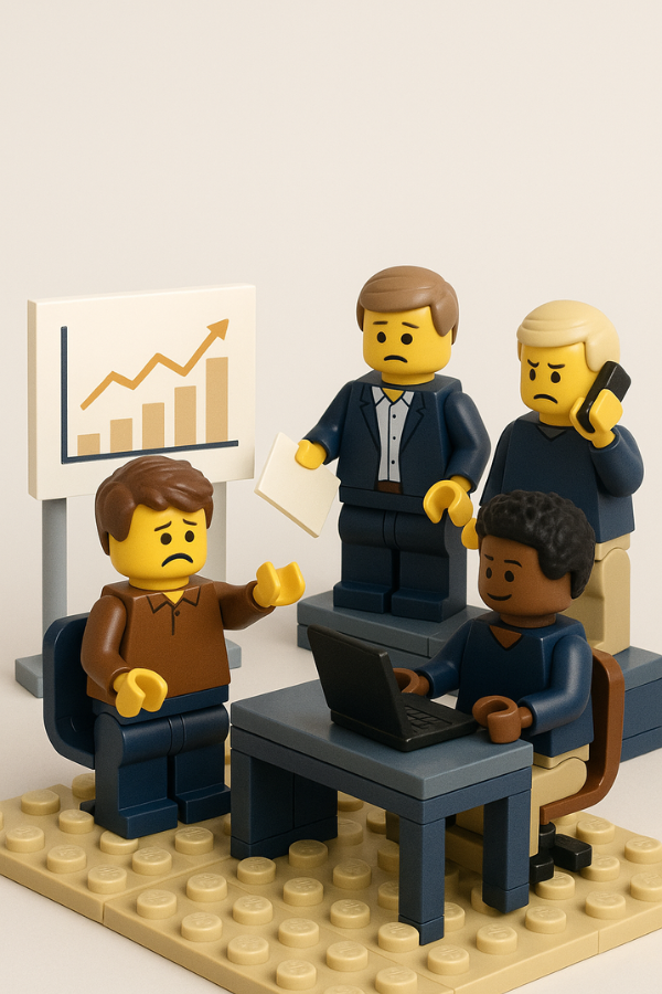 imagen Lego Serios Play. Grupo de profesionales con expresiones serias revisando resultados en pantalla y gráfico de rendimiento, evidenciando falta de reconocimiento o espacios para feedback en el equipo.