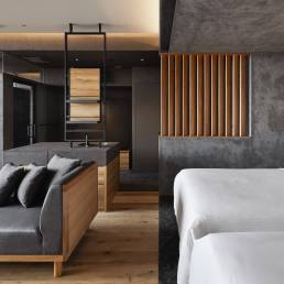 Wand en meubel in donker grijze mortex - slaapkamer