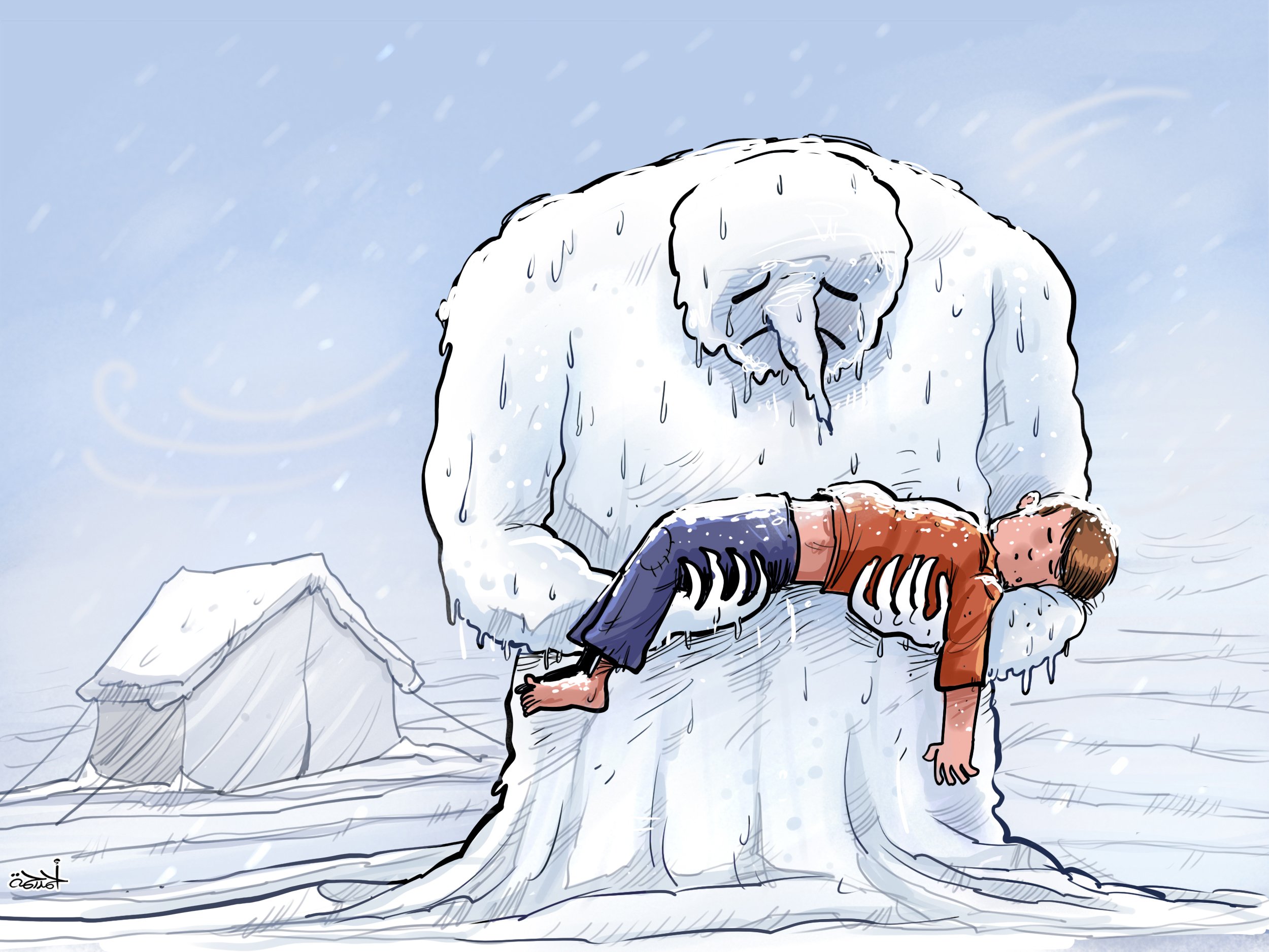 كاريكاتير: الثلج يقتل أطفال المخيمات
