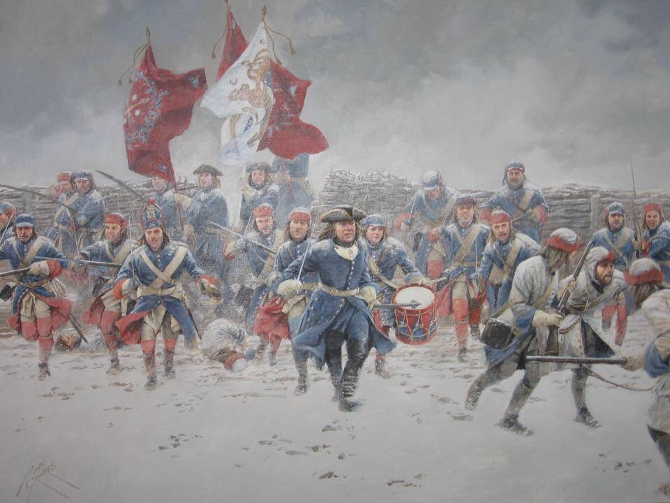 Painting of a re-enacted battle featuring the owners of Tailor & Arms, Peter & Robin