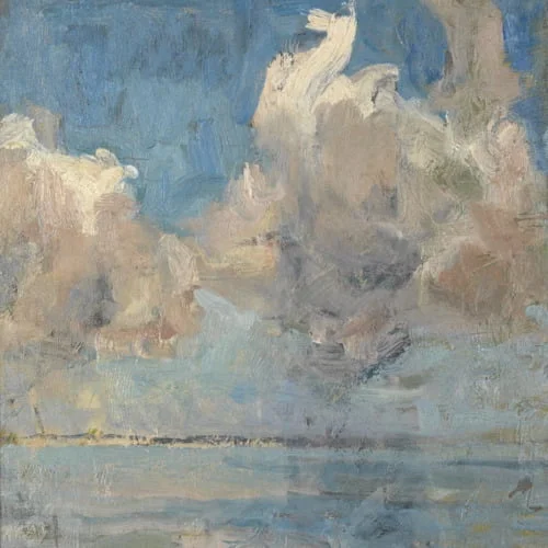 A painting of clouds and water