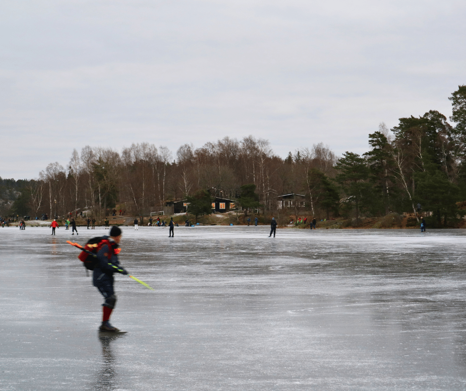 Just south of Stockholm you cqn go iceskating in Hellasgarden.