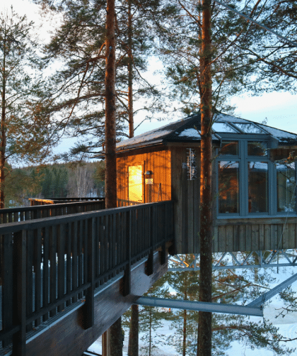 Gräno Beckasin in Västerbotten offers tree houses (Bird's Nests) and breathtaking surroundings.