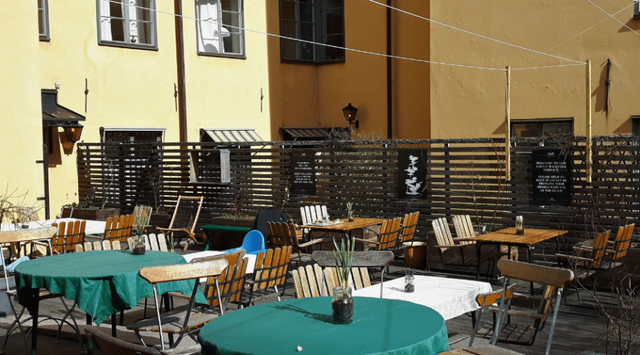 Grillska Huset on Stortorget in Stockholm has a sunny terrace at the back of the restaurant.