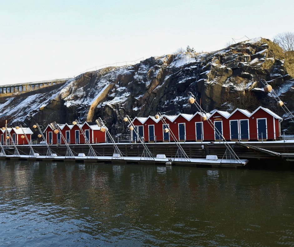 Lindholmen in winter (Gothenburg) with red boathouses.