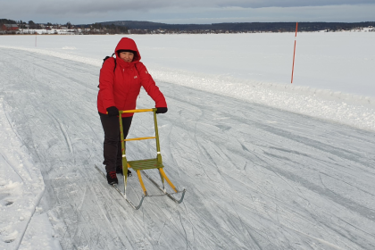 Heidi is using a spark on the ice in Västerbotten, Sweden.