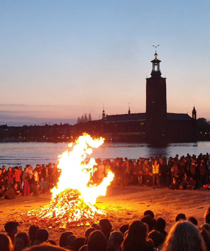 A large bonfire on Riddarholmen, Stockholm, with a view of the City Hall and the water. A large crowd stands around the fire.