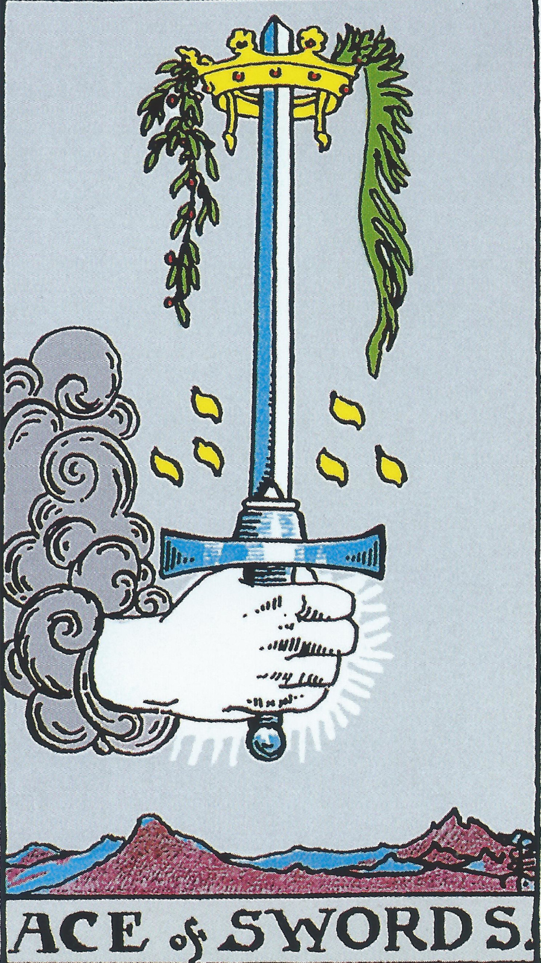 Ace of Swords tarotkort som heter Ess i Svärd på svenska illustreras med en hand som håller i ett svärd med kungakrona på toppen.