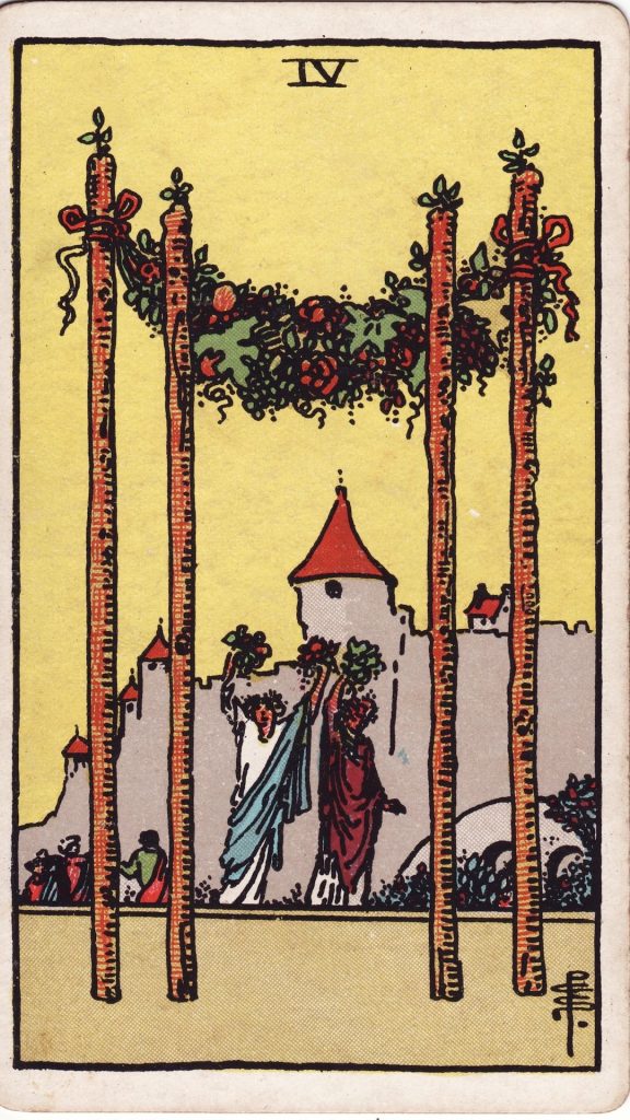 Fyra i stavar tarotkort Fyra i stavar tarotkort från Rider Waite Tarotlek, designade av Pamela Colman Smith.