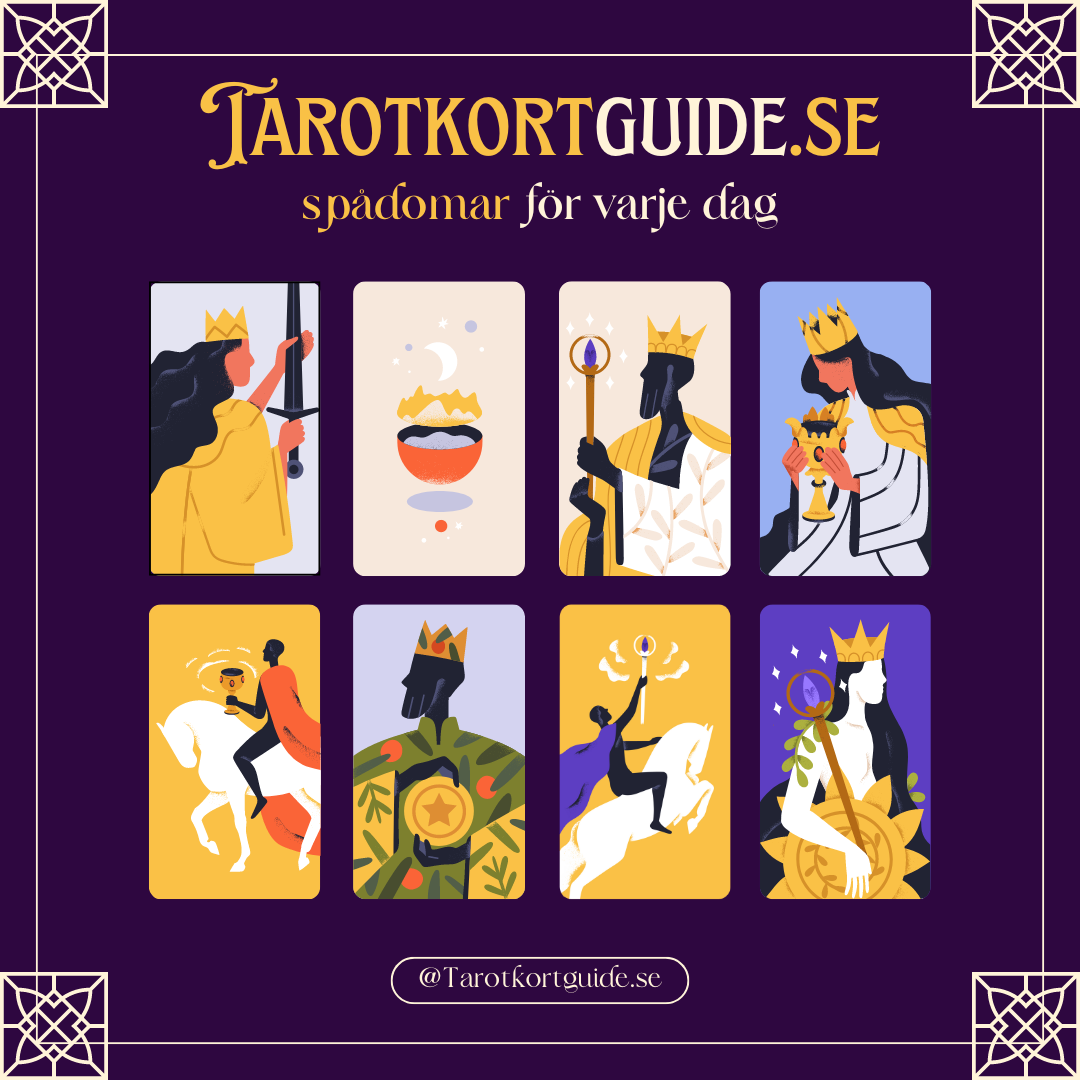 Illustration av tarotkort i modern stil med texten Tarotkortguide.se spådomar för varje dag i minimalistisk stil.