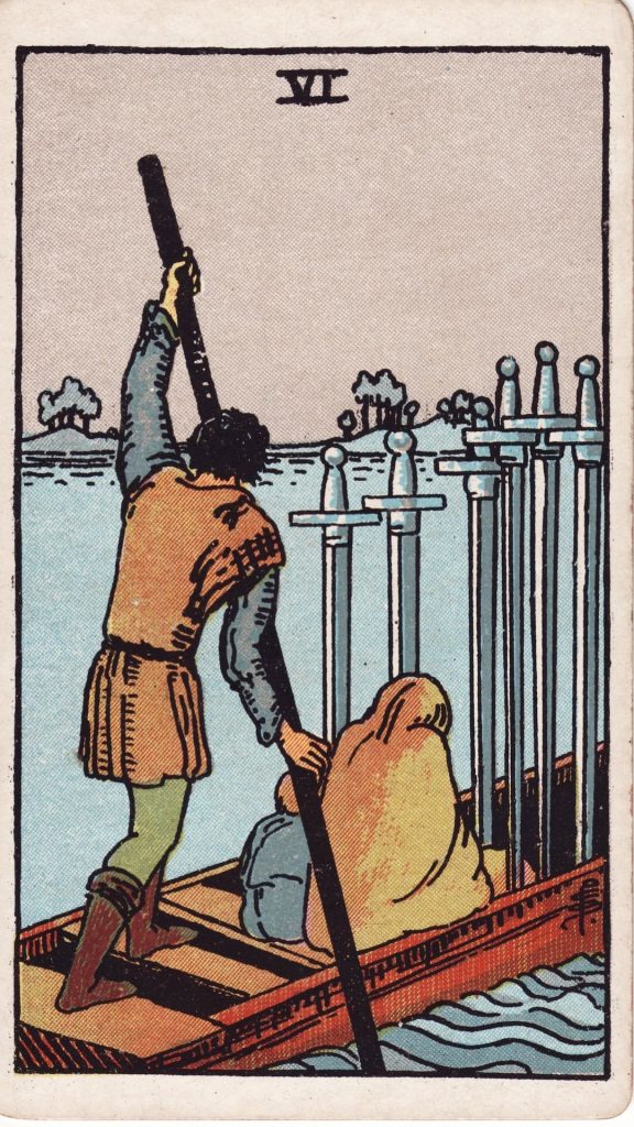 Sex i Svärd tarotkort Sex i Svärd tarotkort från Rider Waite Tarotlek, designade av Pamela Colman Smith.