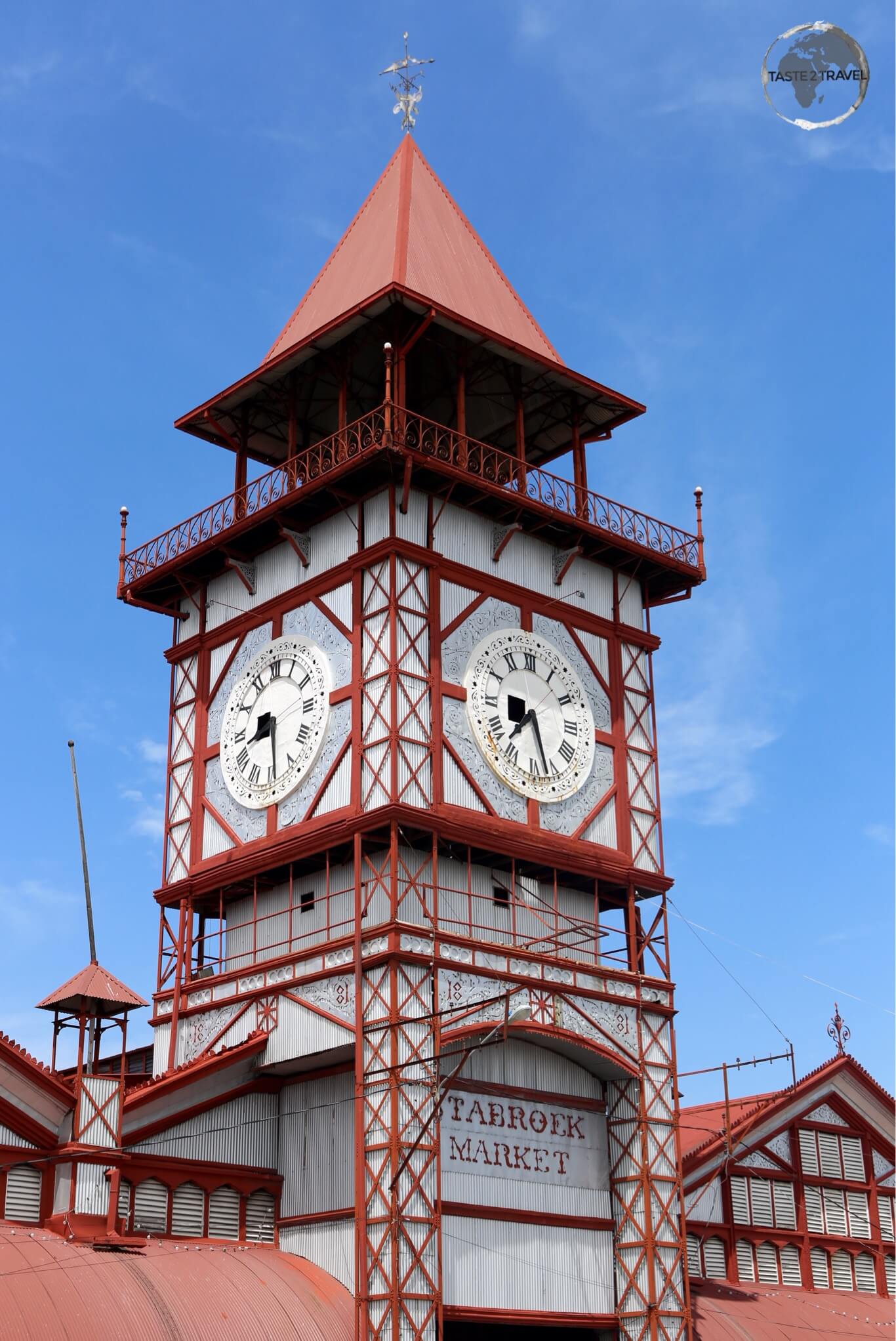 The iconic wrought-iron clock tower of Stabroek Market in Georgetown.