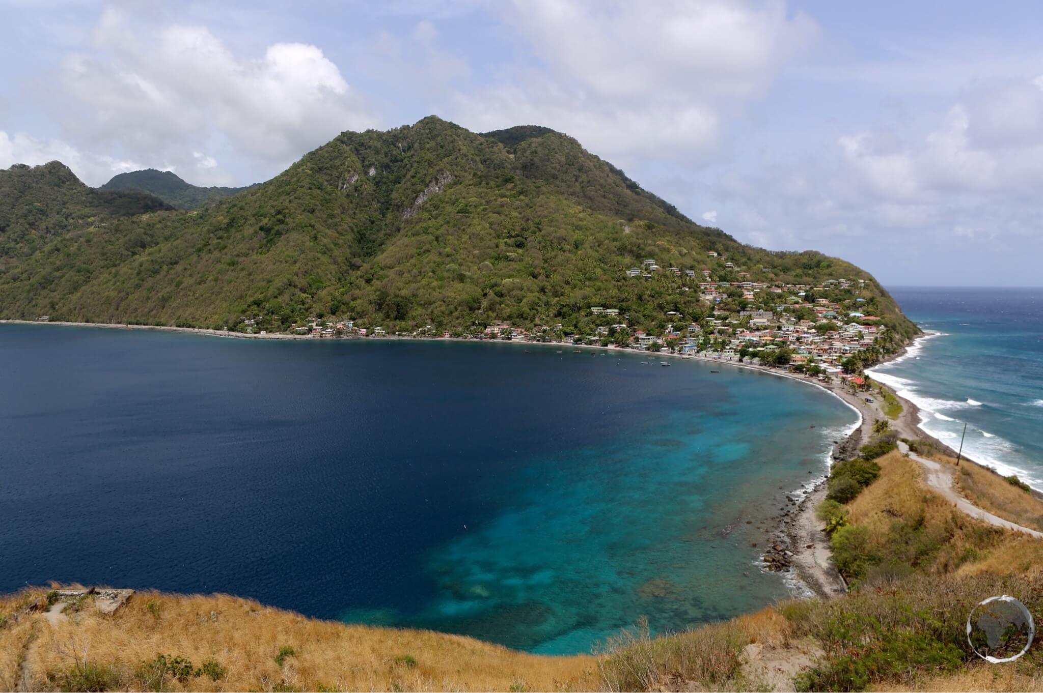 The view from Scotts Head of the narrow isthmus that separates the fierce Atlantic and the calm Caribbean.