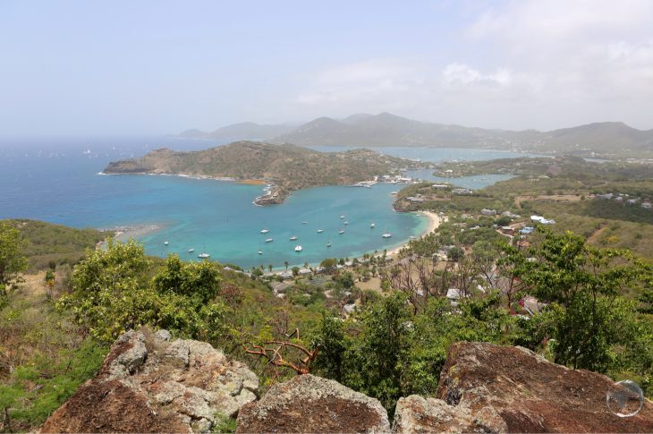 View of the south coast of Antigua towards English harbour from Shirley Heights.