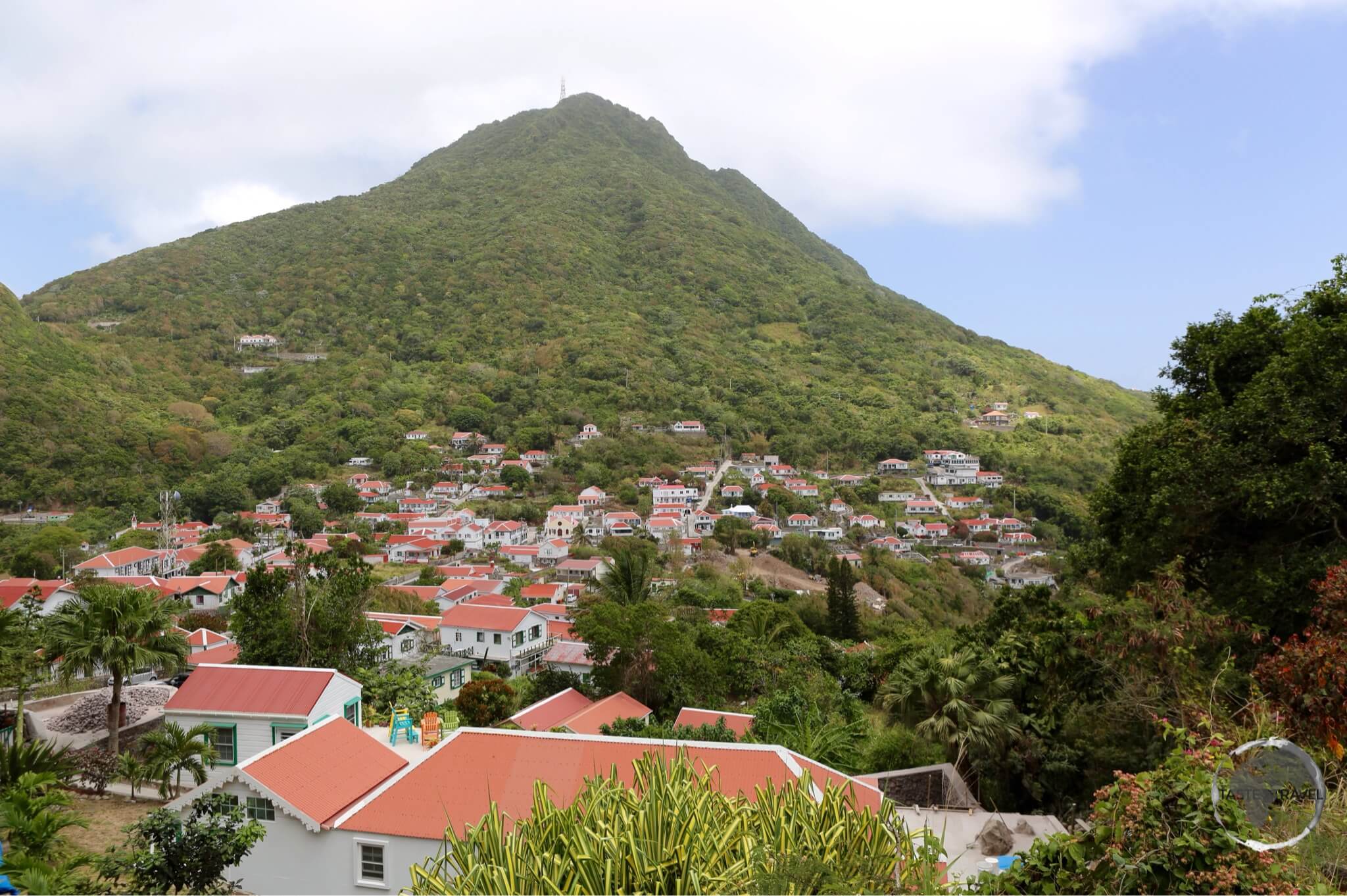 The main settlement on Saba, Windwardside, with Mount Scenery in the background.