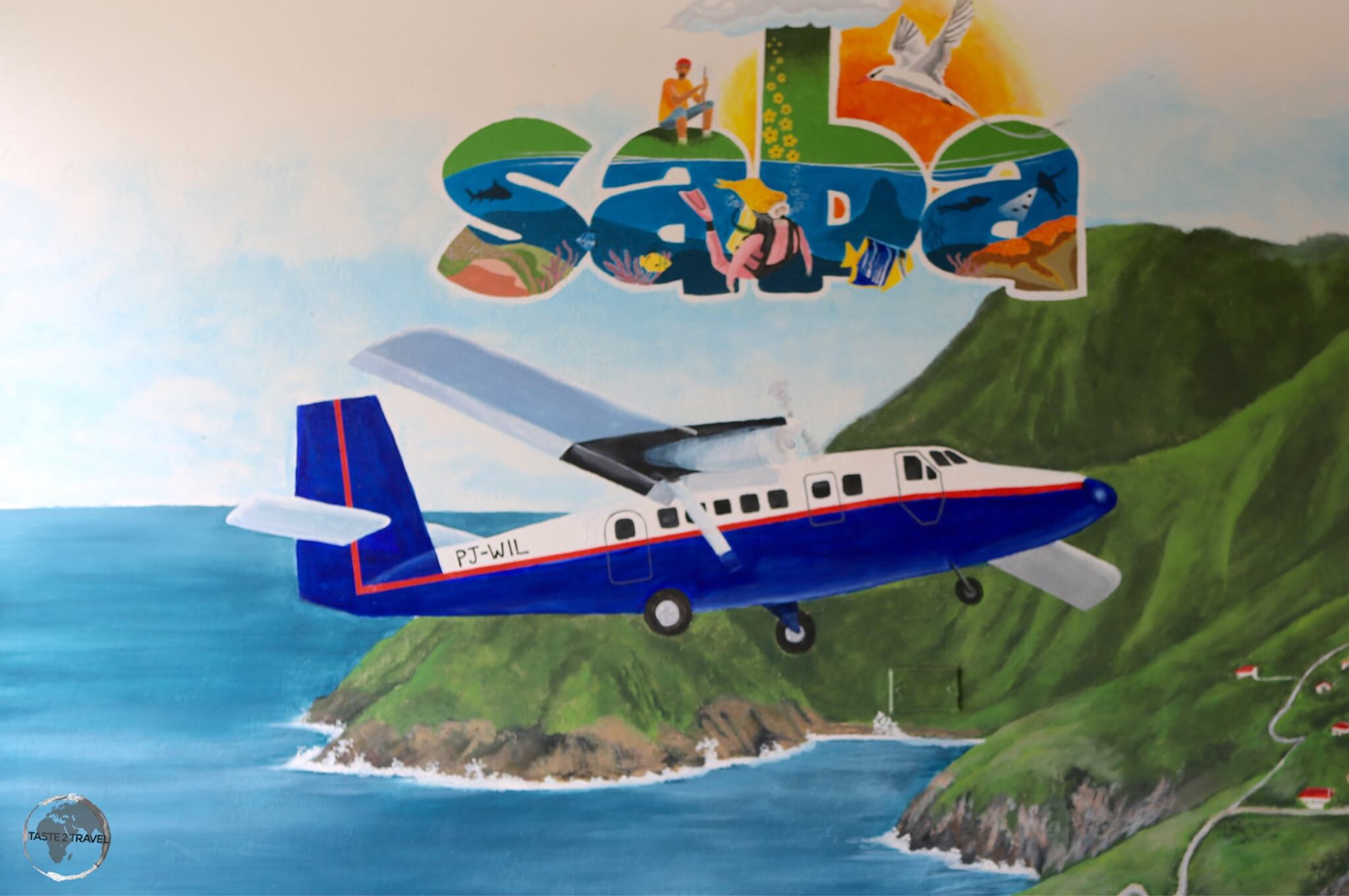 Artwork at Saba airport, which is ranked as one of the world's most dangerous airports.