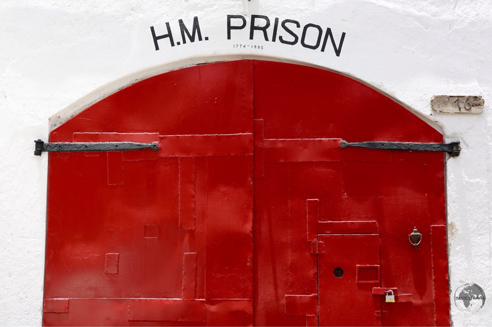 Main entrance to the Road Town prison - complete with a polite door knocker.