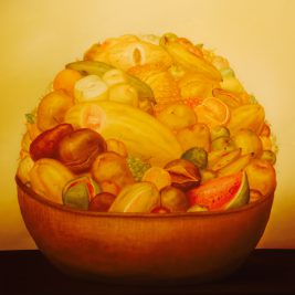 'Cesta con Frutas' (Basket with Fruits) by Fernando Botero (1973), on display at the Museo de Antioquia in Medellin, Colombia.