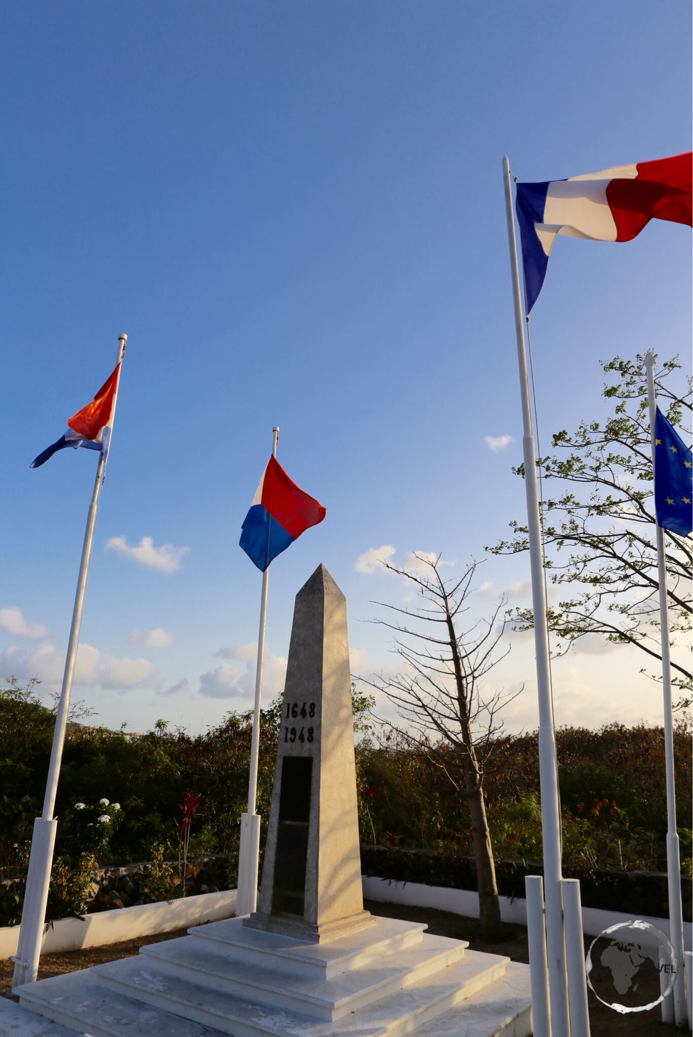 The very low-key border marker between the Dutch and French side of the island. This is the only border the two countries share anywhere in the world.