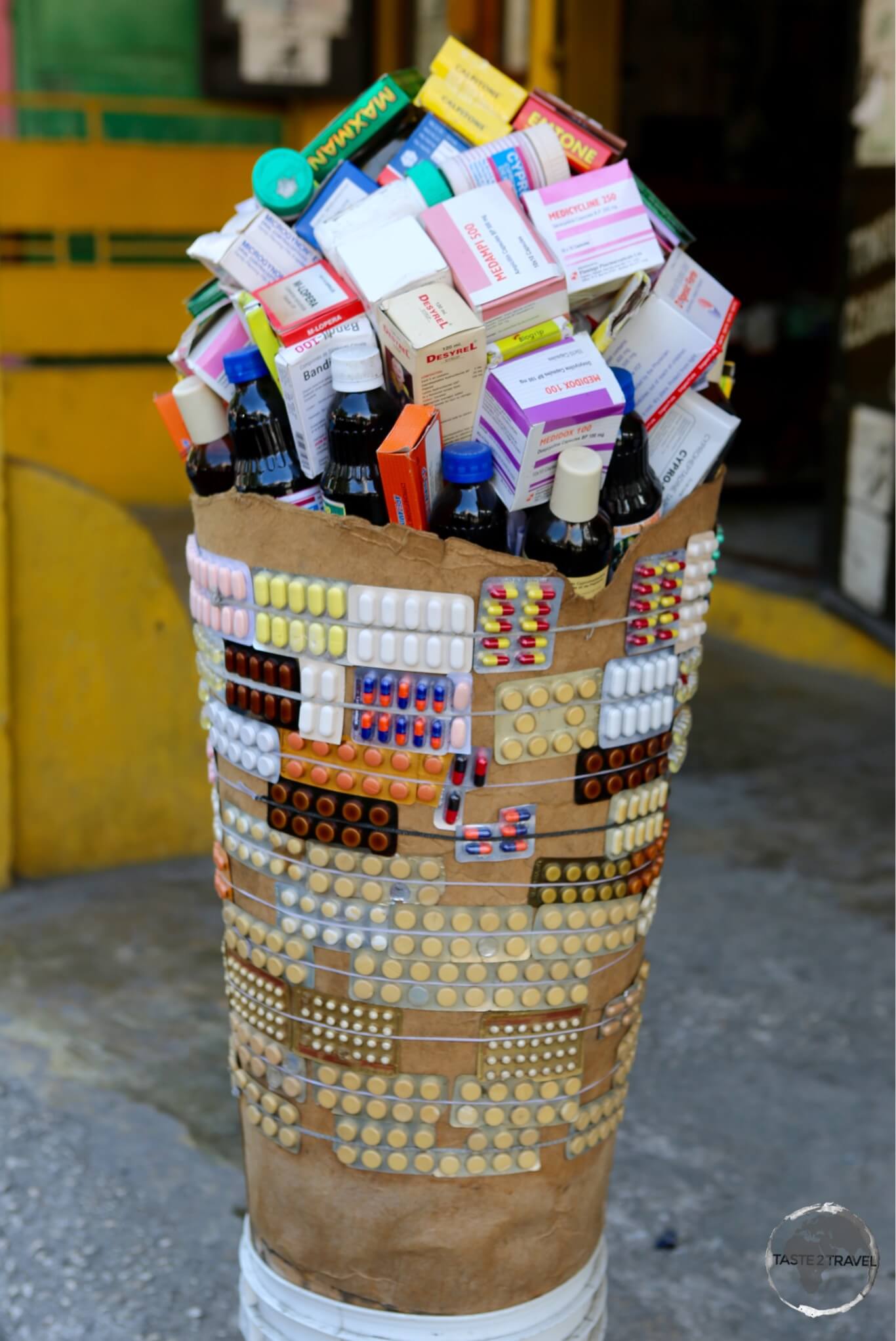 A Mobile pharmacy, which is designed to be carried on the head of the vendor, Port-au-Prince.