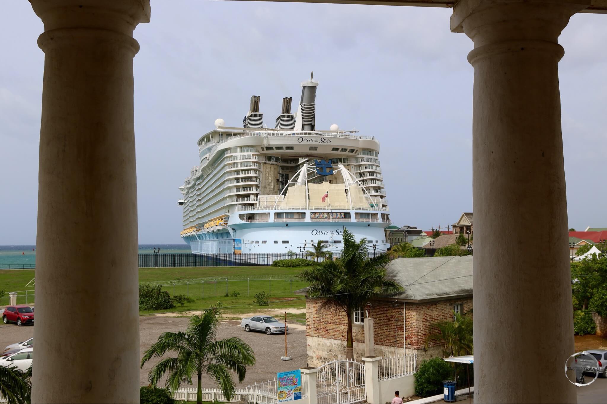 The gigantic 'Oasis of the Seas' cruise ship, which can carry 5,484 passengers, docked at Falmouth harbour.