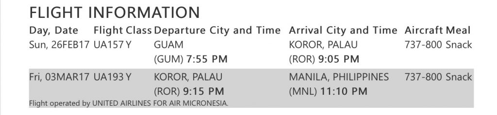 United Airlines' Itinerary from Guam to Manila.