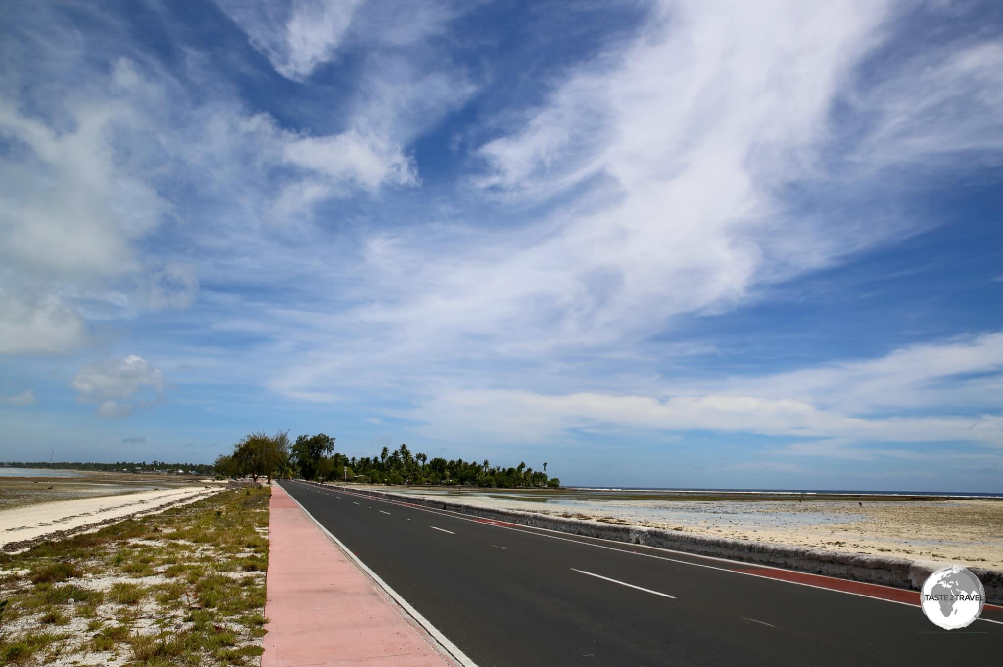 Just enough room for a two lane road on South Tarawa.