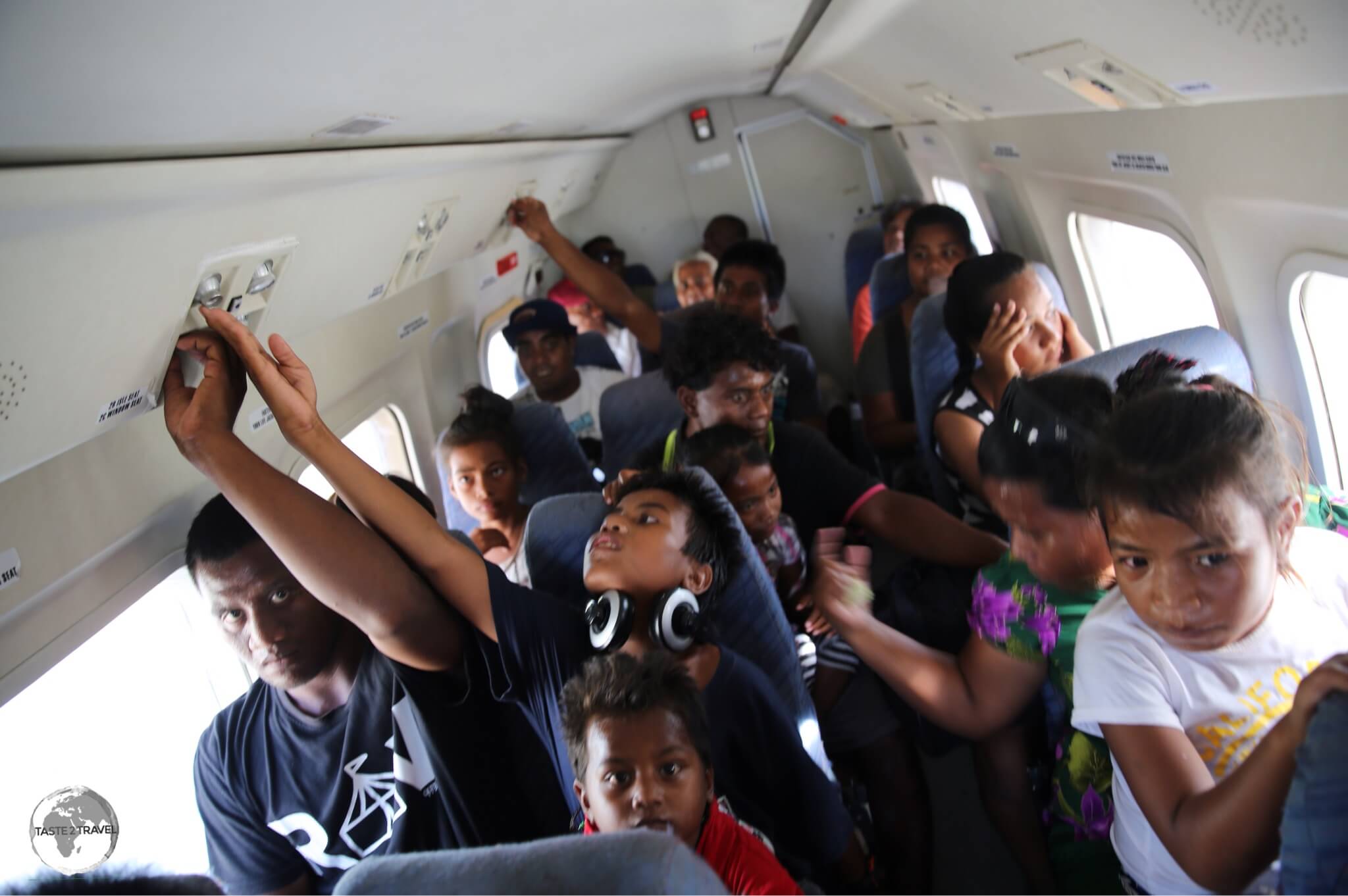 Plenty of room for everyone aboard the over-filled Air Kiribati flight from Maiana Island to Bonriki.