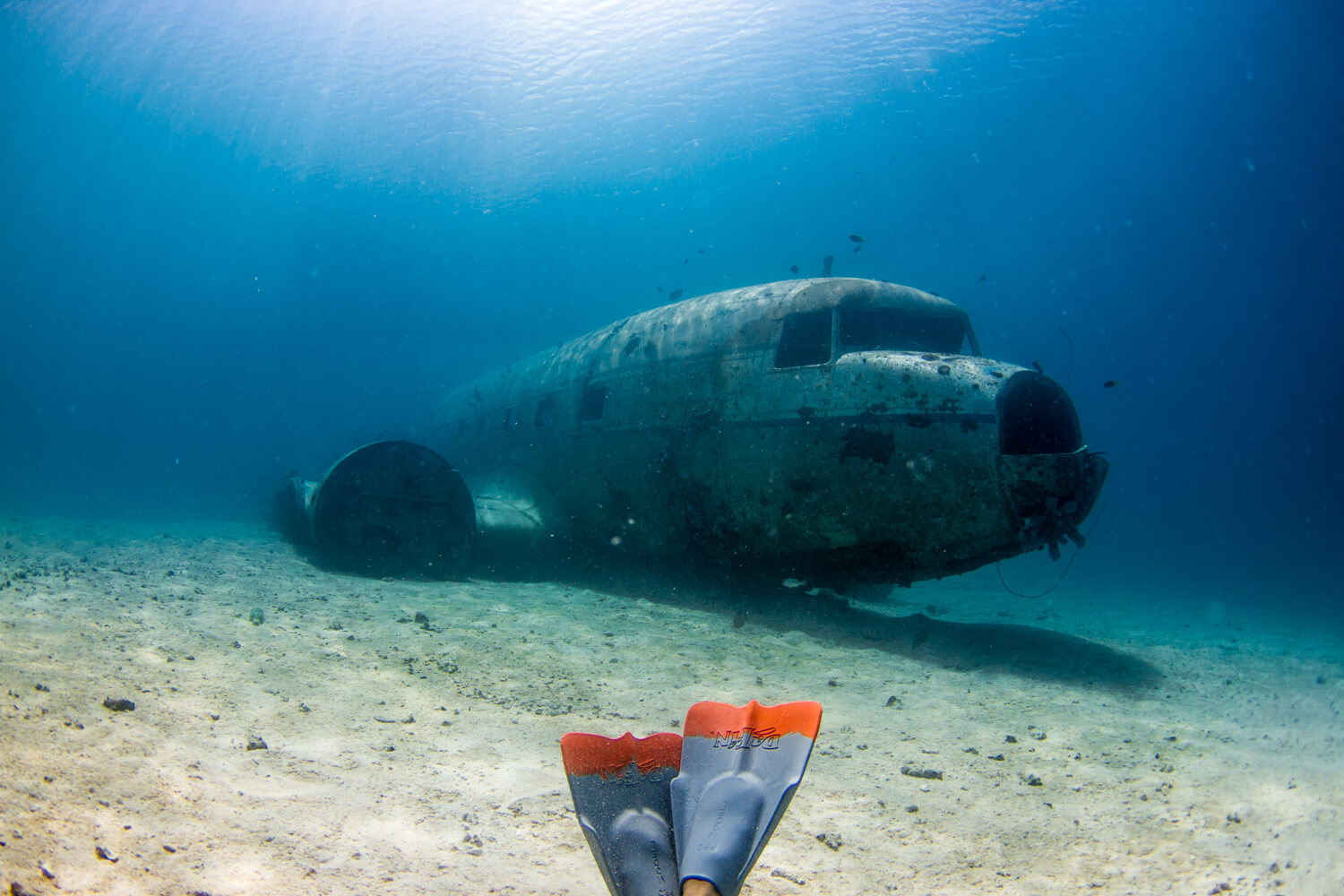 A wrecked, US, WWII-era plane, off the beach of Enemanit Island.