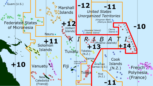 The International Date Line is shown in red. 